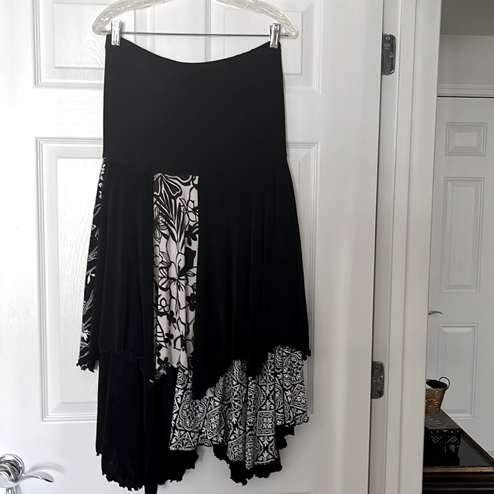 NWOT MULTI FABRIC/PRINT MIDI SKIRT, HAND MADE - TIERED - ASYMMETRICAL - Size M